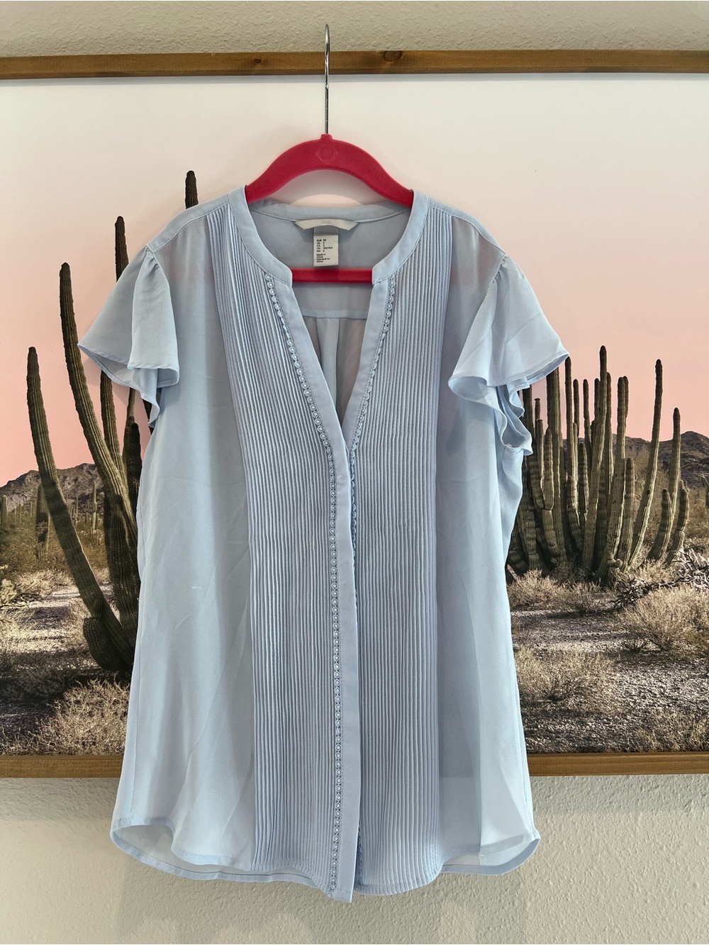 H&M Sheer Pale Blue Pintuck Flutter Sleeve Blouse